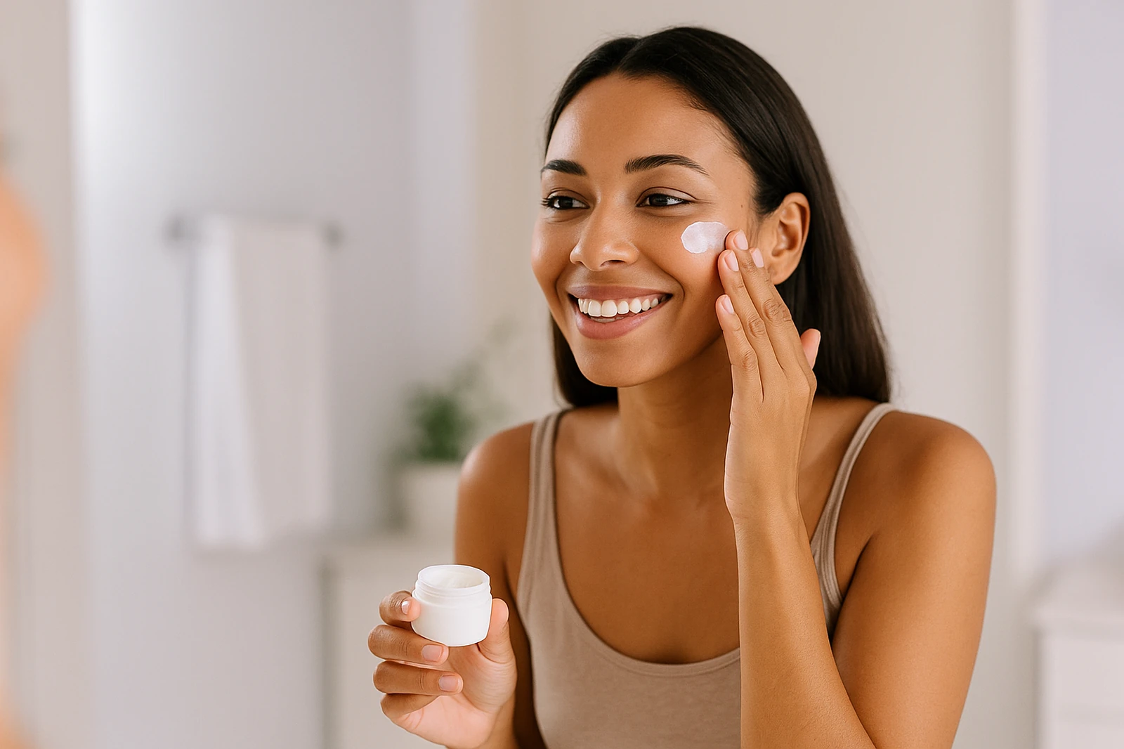 Mulher aplicando creme no rosto em frente ao espelho